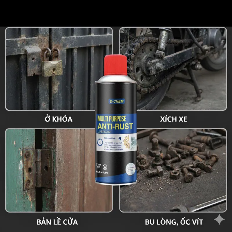 Chai Xịt Tẩy Rỉ Sét và Bôi Trơn Đa Dụng - D-Chem Multi Purpose Anti-Rust 450ml — ảnh 4